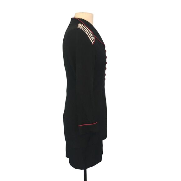 JSJ Petites Vintage 80s Black White Rayon Mod Peplum Dress 4, 34 bust Red Piping - Picture 5 of 9